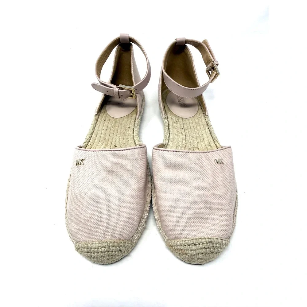 Michael Kors Womens Blush Pink Canvas Ankle Strap Espadrille Flats MK‎ Logo 7M